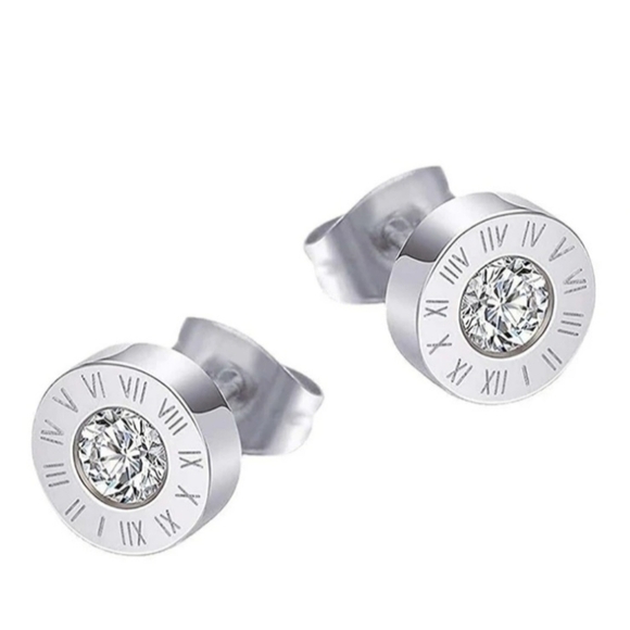 La Ti Da Handmade Creations Jewelry - Black Roman Clock Silver Rhinestone Stud Earrings